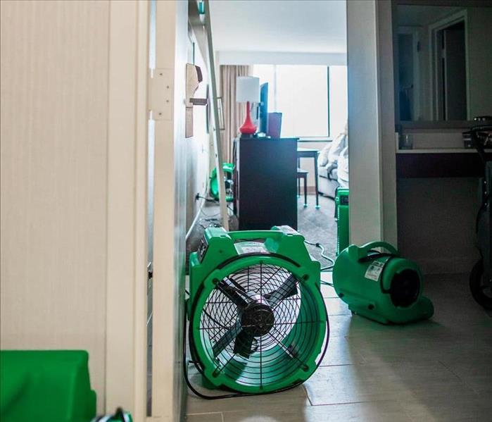 Green drying equipment in hotel room.